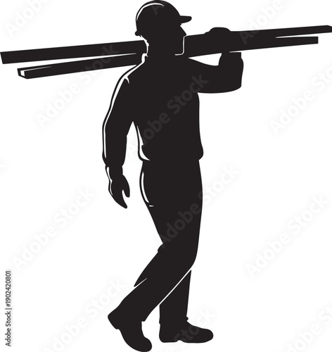 Construction Worker Carrying Steel Beams Silhouette Builder Laborer Vector Illustration
