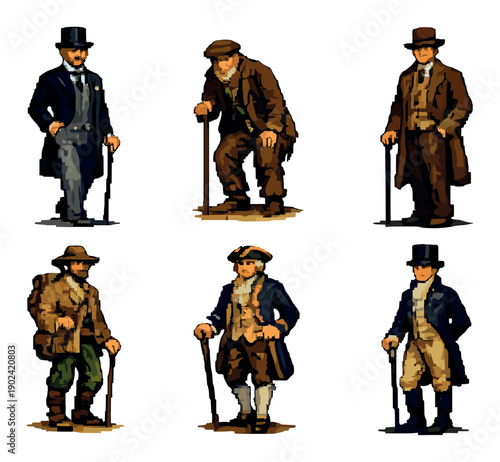 Six historical caucasian male figures in 18th-century attire