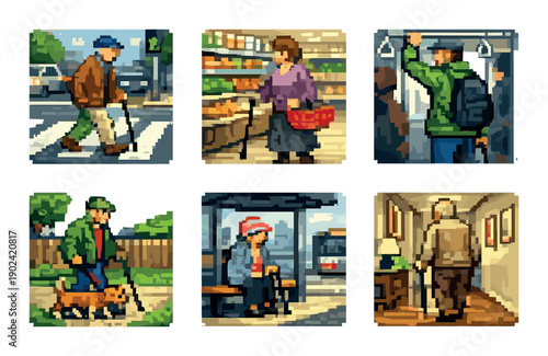 Elderly caucasian man's daily routine: walking, shopping, traveling