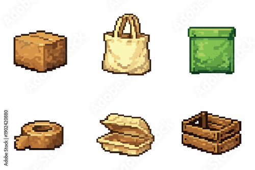 Pixel art packaging icons: box, bag, envelope, tape, clamshell, basket on green