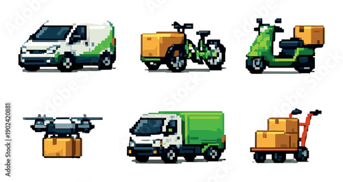 Pixel art transportation set featuring vans, scooters, and delivery drone