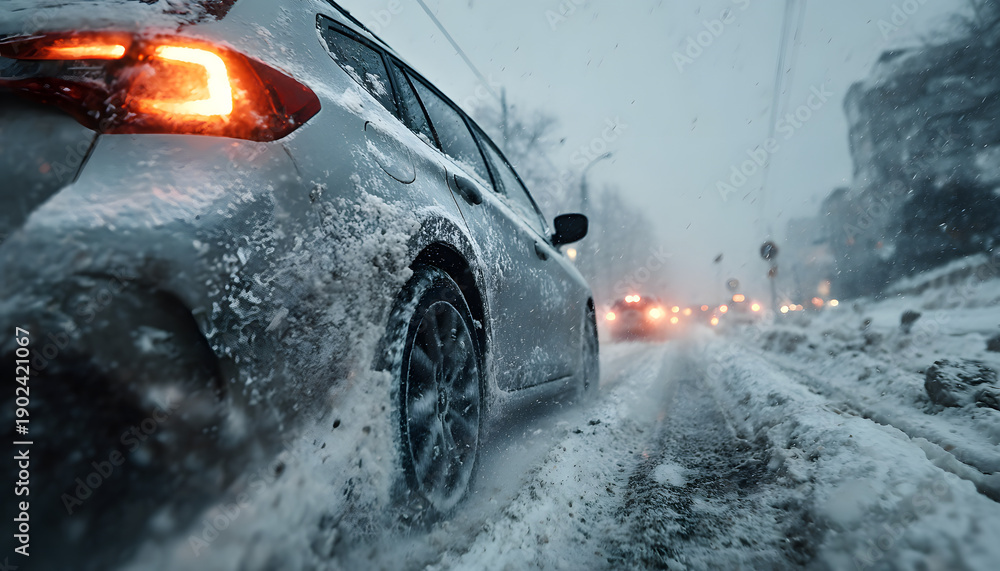 Naklejka premium Silver car drives on frozen snowy icy road surface. Rear wheel spins, losing grip, spraying slush, water. Poor visibility, cars in blurred traffic. Cold winter season brings hazardous driving