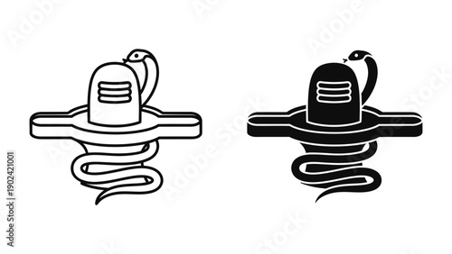 Shiva Lingam vector icons set featuring outline and solid styles with coiled cobra and Tripundra markings, isolated on white background for Hindu religious concepts and Maha Shivaratri.