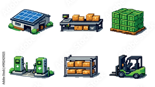 Pixel art industrial set with warehouse, electric station, forklift, and solar panels