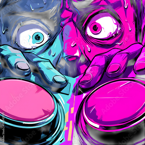 Intense close-up of a DJ's hands on turntables, illuminated by vibrant neon lights, conveying energy and passion for music.