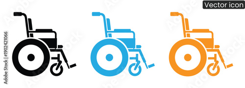 Set of wheelchair icons in black, blue, and orange colors for accessibility and healthcare themes