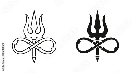 Sacred Hindu Trishula trident combined with infinity symbol representing eternal power and spiritual balance, minimalist black and white vector icons for religious or philosophical design.