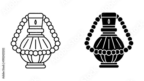 Elegant perfume bottle icons in outline and solid black styles representing luxury fragrance and cosmetic packaging design set against a clean white background for versatile graphic use.