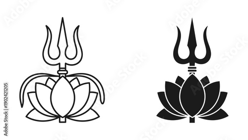 Sacred Trishula and Lotus Flower Icons Representing Divine Power and Spiritual Purity in a Minimalist Black and White Vector Design for Hindu Religious Branding and Yoga Studio Identity.