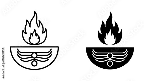 Stylized oil lamp and diya icons with mystical flame representing spiritual light and ancient rituals, minimalist black and white vector art with Egyptian-inspired decorative motifs.