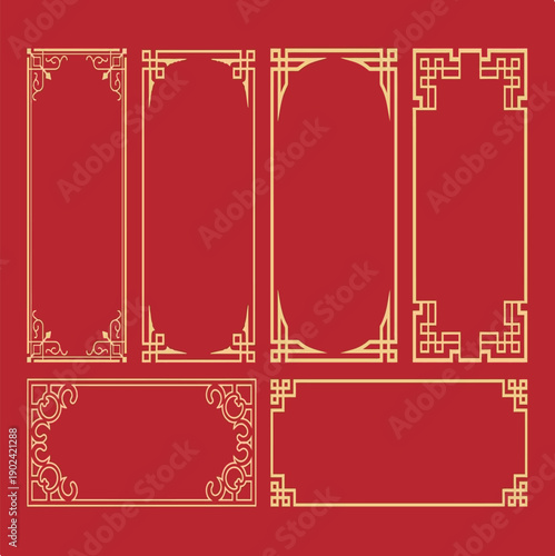 Chinese vintage frame set. Various oriental ornament frame pattern on red background. Retro chinese new year frames set Pro Vector