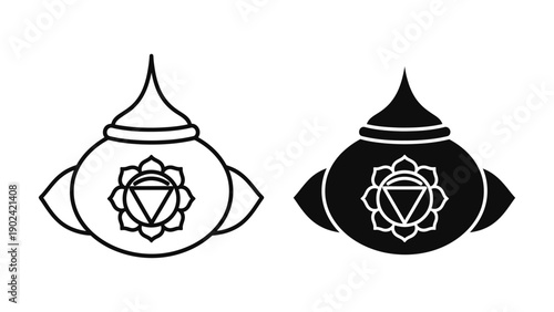 Manipura Solar Plexus Chakra Symbol on Ritual Vessel Icons, Set of Outline and Solid Black Vector Illustrations for Yoga Studio Branding, Meditation Apps, and Spiritual Wellness Design.