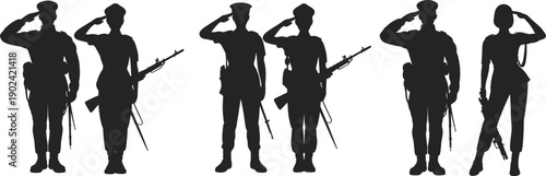 Silhouette illustration of male and female soldiers saluting with rifles in military uniforms symbolizing discipline, honor, respect, unity, patriotism, and national pride tribute