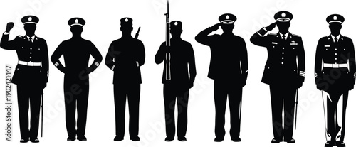 Silhouette illustration of military personnel in uniform saluting, standing, and holding rifle symbolizing discipline, honor, respect, patriotism, ceremony, and national pride tribute