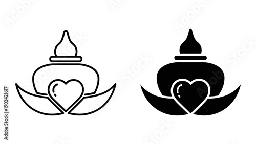 Traditional Thai Chada Crown Icons with Heart Symbol Representing Love for Thai Culture and Heritage, Minimalist Black and White Vector Illustration for Logo and Graphic Design.
