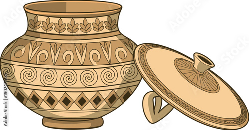 Traditional Clay Pot with Decorative Lid Vector Illustration Featuring Ethnic Patterns in Earthy Colors for Cultural Kitchen Cookware and Heritage Design