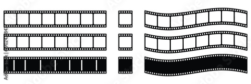 Film tape strips, cinema reel filmstrip, movie frame border, photo video camera roll, old black white 35mm tape, photography design element, vector illustration