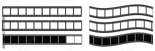Film tape strips, cinema reel filmstrip, movie frame border, photo video camera roll, old black white 35mm tape, photography design element, vector illustration