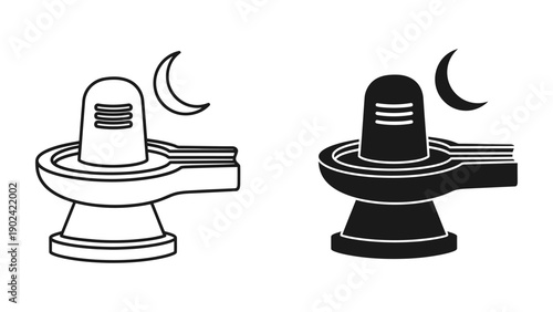 Shiva Lingam icon set featuring outline and solid silhouette styles isolated on white, vector illustration of Hindu deity Lord Shiva symbol with crescent moon for Maha Shivratri festival.