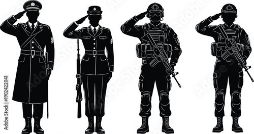 Silhouette illustration of military personnel saluting in ceremonial and modern combat uniforms with rifles, symbolizing discipline, honor, respect, patriotism, and national pride tribute