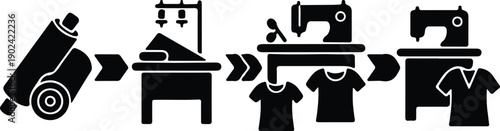 silhouette garment manufacturing process fabric cutting sewing machine production line vector design