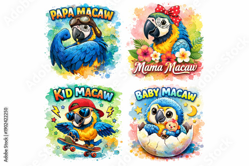 Macaw Graphics for Family T-Shirts, Unusual Illustration with Textured Watercolor Background