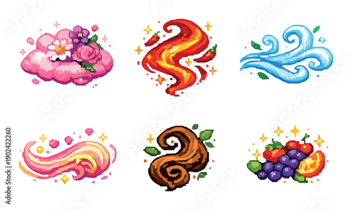 Colorful elemental icons: flowers, fire, water, wind, earth, fruit