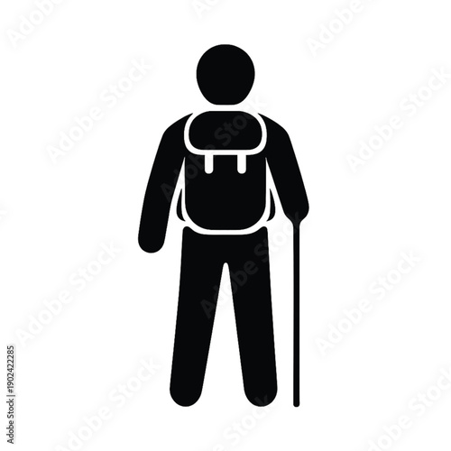 A dark silhouette vector icon depicting a solitary traveler with a backpack and walking stick, perfectly symbolizing outdoor hiking, trekking, adventure, and exploration.