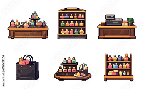 Pixel art perfume store display with counters and shelves