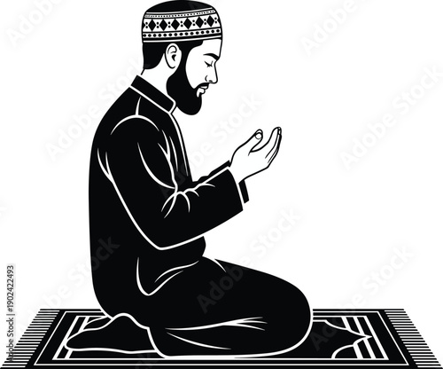 Silhouette illustration of person kneeling on prayer mat in Islamic supplication posture with robe and patterned cap symbolizing devotion, faith, culture, and spiritual practice