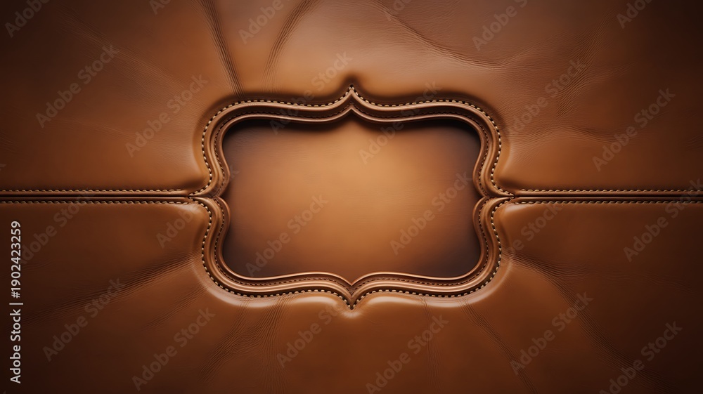 Naklejka premium Ornate brown leather frame with elegant stitching on a textured quilted leather surface, luxurious customizable label area