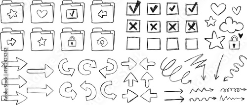 Hand drawn business doodle icons featuring sketchy arrows, folders, check marks, and office symbols. Perfect for presentations, marketing materials, and creative finance projects. Vector illustration