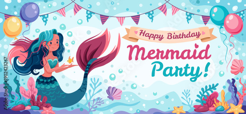 Cute mermaid birthday party invitation with underwater sea theme, ocean princess tail, and pastel blue decorations for kids celebration. Vector hand drawn illustration