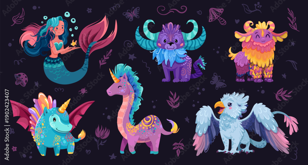 Obraz premium Creature set with mythical animals and fantasy characters. Adorable baby dinosaurs, cute unicorns and mermaid, flying monsters with wings in kawaii style for fairytale stories. Childish vector illustr