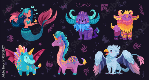 Creature set with mythical animals and fantasy characters. Adorable baby dinosaurs, cute unicorns and mermaid, flying monsters with wings in kawaii style for fairytale stories. Childish vector illustr