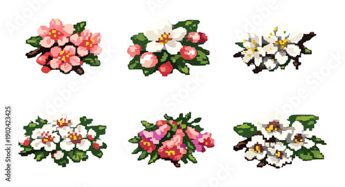Colorful pixel art flowers on dark background displaying six floral designs