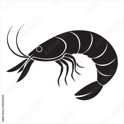 A vector logo shrimp silhouette, Vector art of a black and white silhouette of a shrimp isolated design