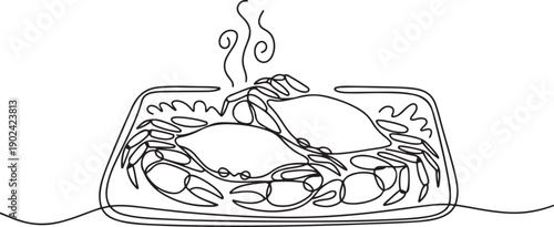 Continuous one line drawing two crabs on a square plate. Big size, satisfied when eating it. Spicy curry boiled crab. Very tasty. National Crab Meat Day. one line Icon drawing