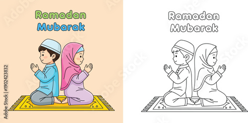 Ramadan Mubarak coloring book page for kids. Cute Muslim boy and girl praying together on a rug. Vector illustration with color reference and outline for children activity.