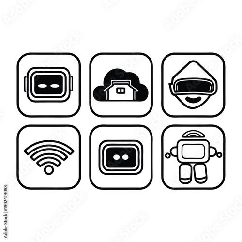 Modern flat AI and tech outline icons, set of 6 fundamental symbols for artificial intelligence and technology.