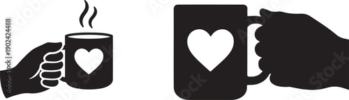Hands holding mugs with heart shapes symbolizing love and warm beverages