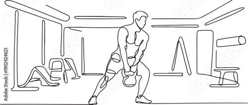 Single continuous line drawing of young sportive man training with kettlebell in sport gymnasium club center. Fitness stretching concept. one line Icon drawing