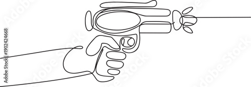 Single continuous line drawing hand holding retro space blaster, ray gun, laser weapon. Gun toy blaster for kids game with handgun and ray gun of aliens in space. one line Icon drawing