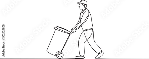 Single one line drawing trash man pushing a wheeled trash can. Side job is volunteering to keep environment clean. Remain highly dedicated. No pollution. one line Icon drawing