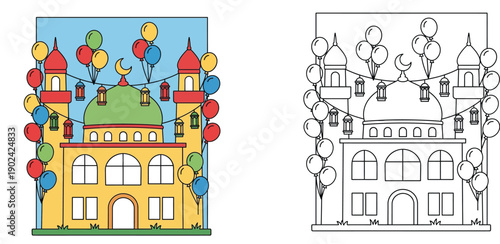 Mosque coloring book page for kids with colored example. Islamic vector illustration of Masjid with balloons and lanterns for Ramadan Kareem and Eid Mubarak celebration greeting card design.