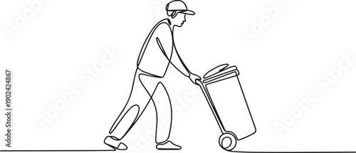 Single one line drawing trash man pushing a wheeled trash can. Side job is volunteering to keep environment clean. Remain highly dedicated. No pollution. one line Icon drawing