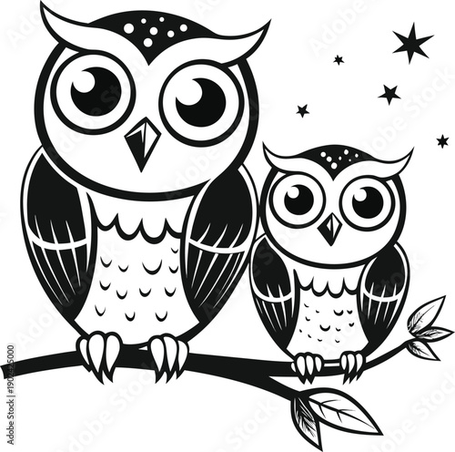 Two cartoon owls depicted in a black and white line art style. One owl is perched on a branch, positioned in the upper left of the image, facing the viewer with open wings. Its feathers are illustrate