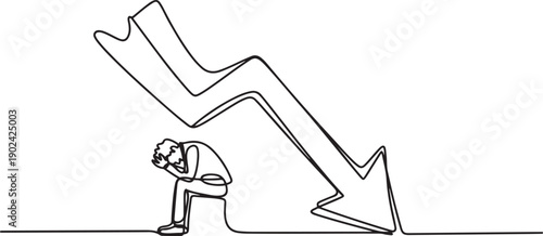 Single one line drawing of sluggish businessman sits downcast on a swooping arrow stuck in the ground. Losses from the stock exchange. Heavy inflation. one line Icon drawing