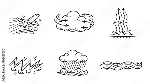 Weather icons illustrating airplane turbulence and storm elements in black and white