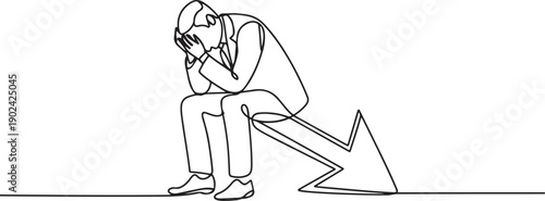 Single one line drawing of sluggish businessman sits downcast on a swooping arrow stuck in the ground. Losses from the stock exchange. Heavy inflation. one line Icon drawing